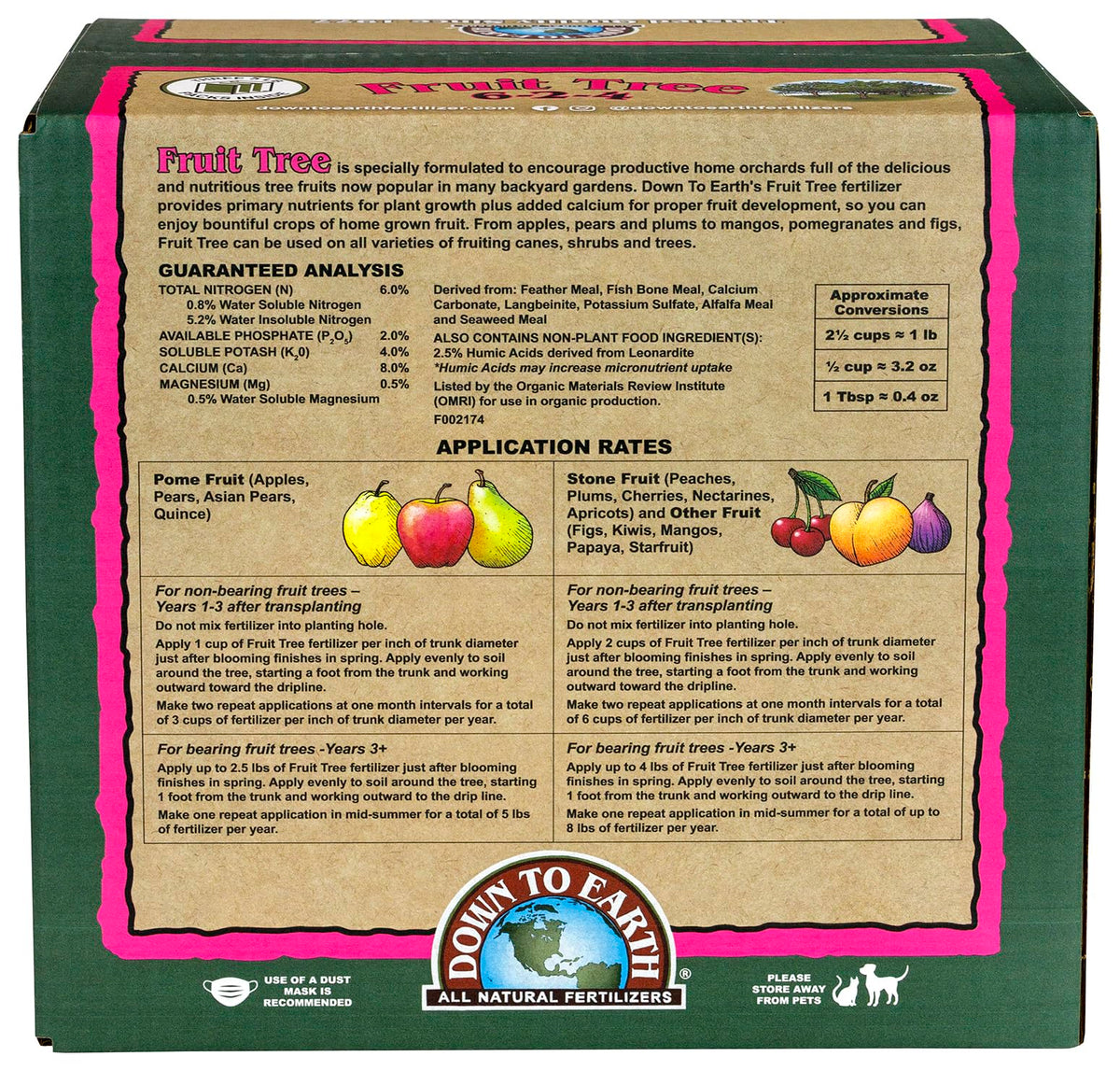 Down To Earth organic fertilizer bag highlights ready-to-use fruit tree nutrition for organic gardens.