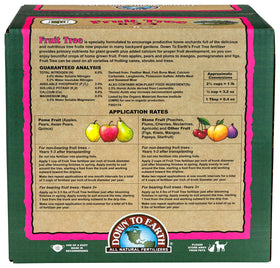Down To Earth organic fertilizer bag highlights ready-to-use fruit tree nutrition for organic gardens.