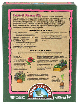 Down To Earth Organic Rose Food 4-8-4 promotes vibrant color in flowering beds.