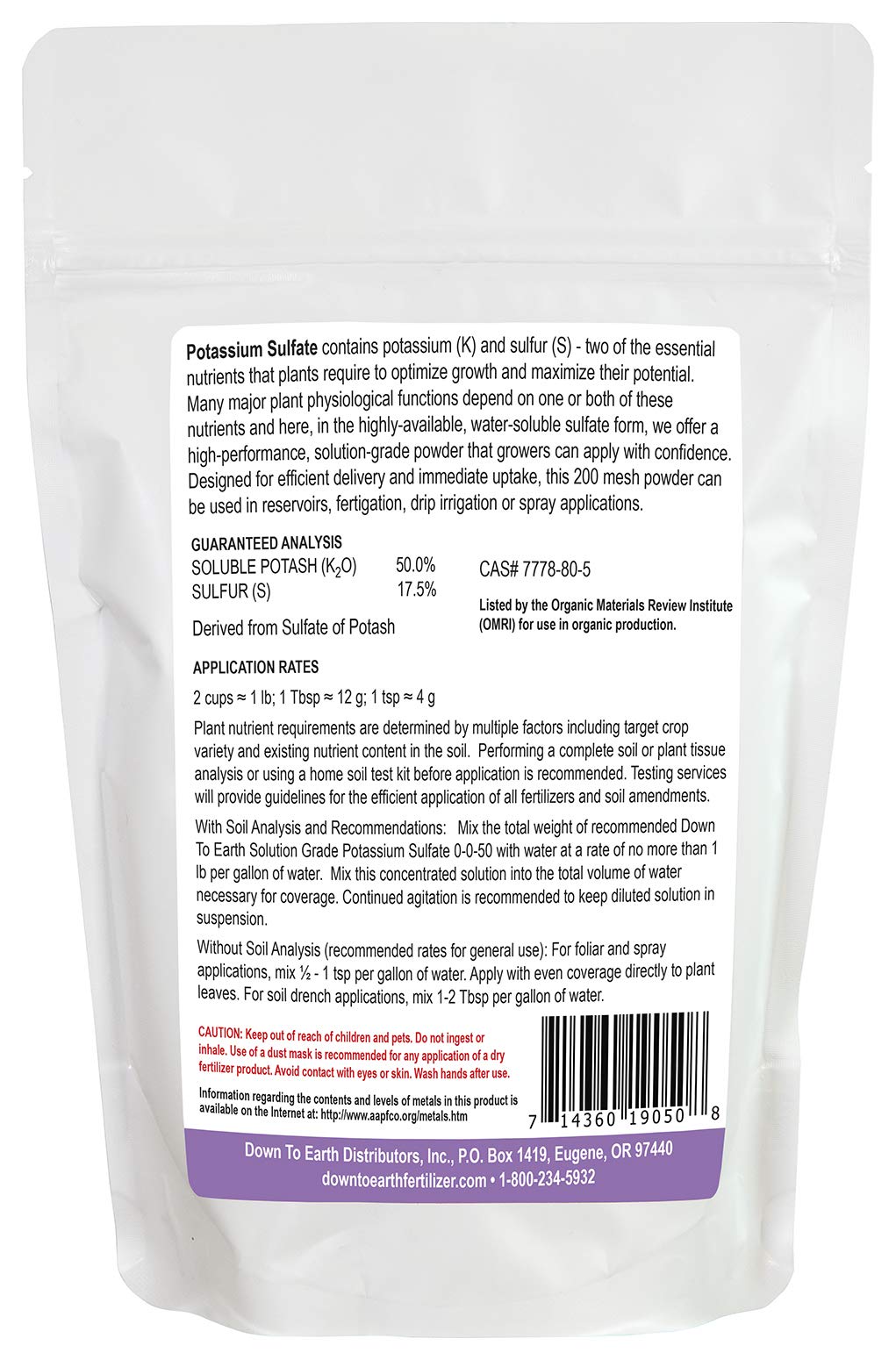 Down To Earth Potassium Sulfate 200-mesh powder dissolves quickly for fertigation.
