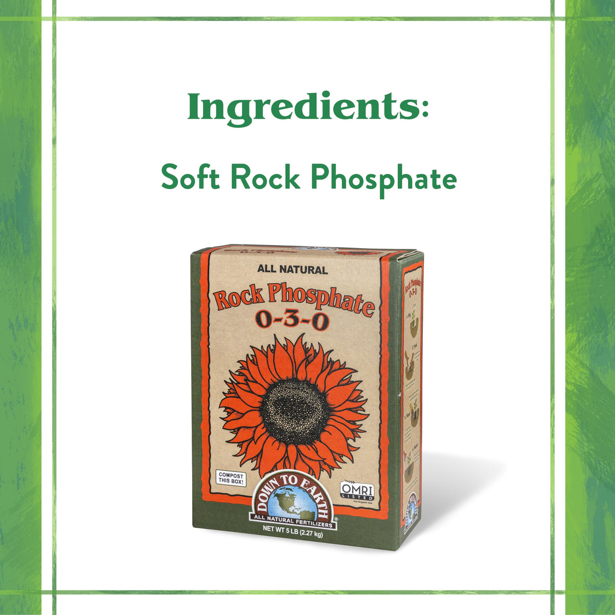 Down To Earth Rock Phosphate bag-label close-up for organic fertilizer selection