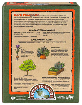 Down To Earth Rock Phosphate bag ready for garden use to boost root growth