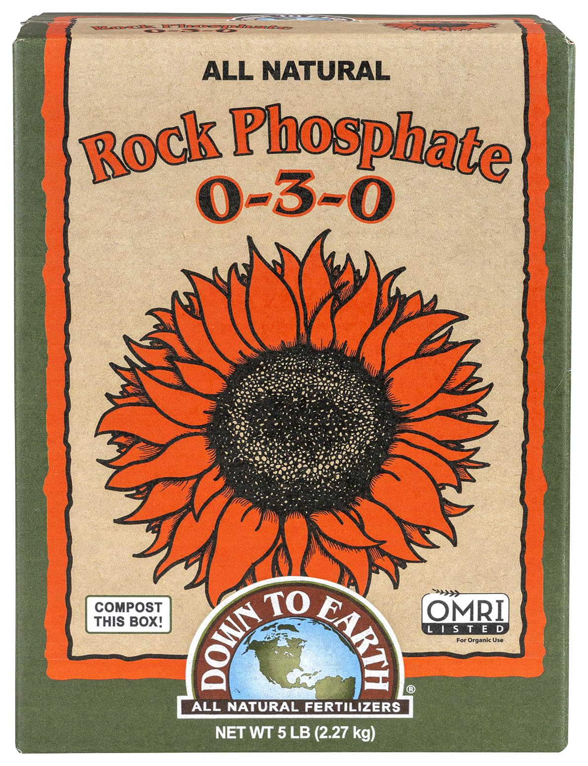 Down To Earth Rock Phosphate bottle labeled for organic plant nutrition and slow-release phosphorus