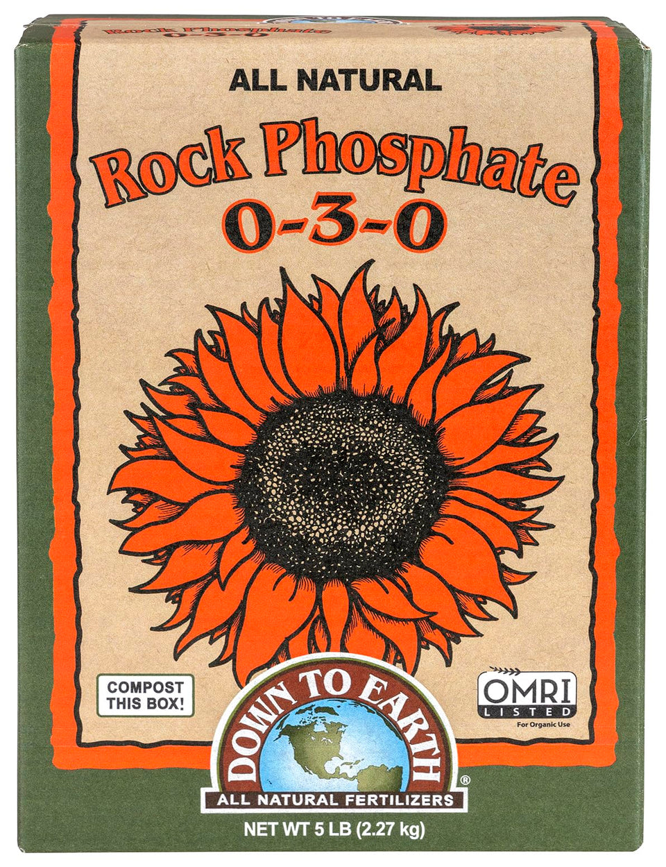 Down To Earth Rock Phosphate bottle labeled for organic plant nutrition and slow-release phosphorus