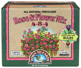 Down To Earth Rose & Flower Mix bag boosts bloom size for roses and ornamentals.