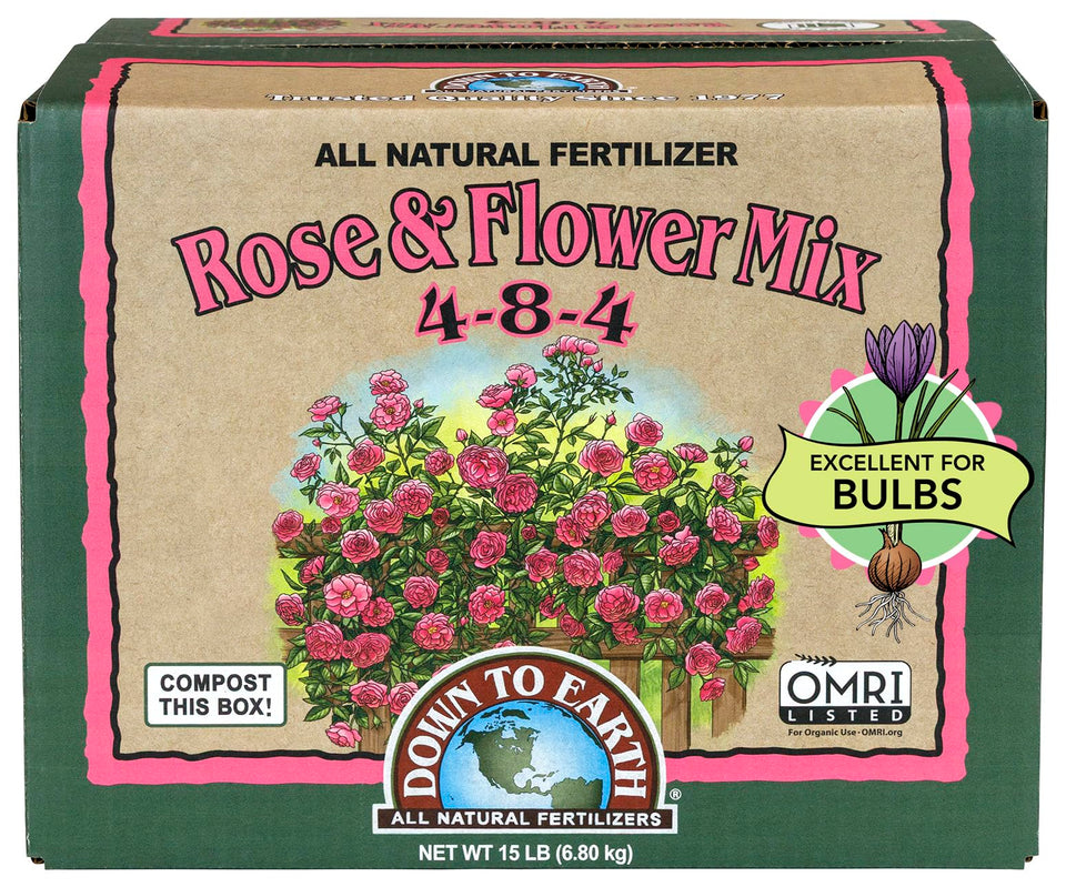 Down To Earth Rose & Flower Mix bag boosts bloom size for roses and ornamentals.