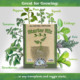Down To Earth Starter Mix being sprinkled into soil around seedlings.