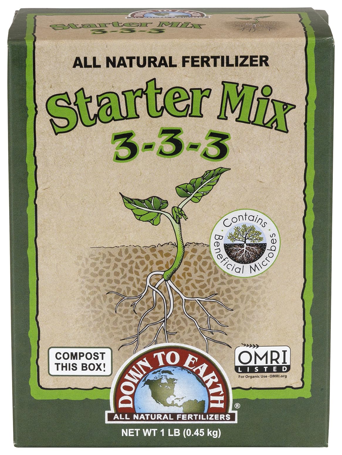 Down To Earth Starter Mix packaging with 3-3-3 formula for seedlings.
