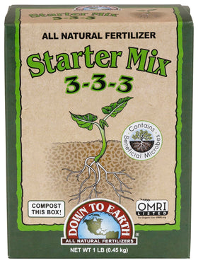 Down To Earth Starter Mix packaging with 3-3-3 formula for seedlings.