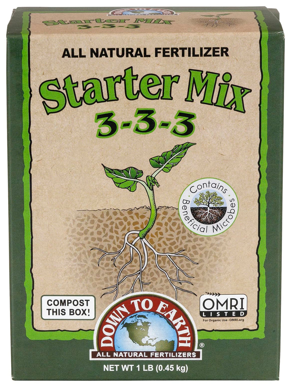Down To Earth Starter Mix packaging with 3-3-3 formula for seedlings.