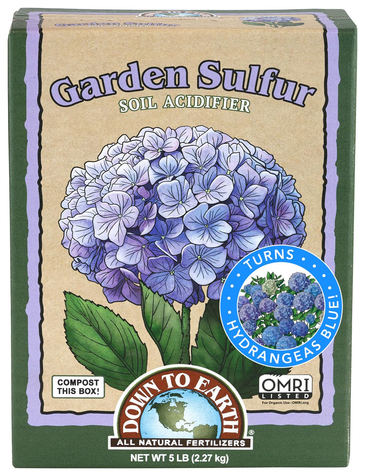 Down To Earth sulfur acidifier packaging for organic soil pH adjustment.