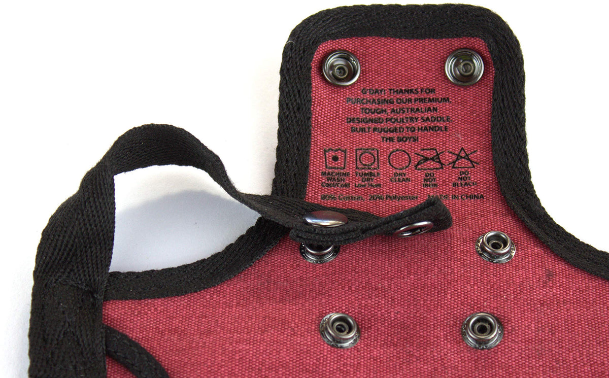 Down Under Outdoors chicken apron burgundy side view shows shoulder cover.