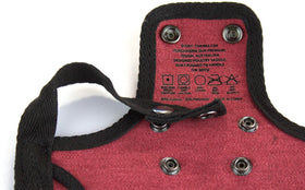 Down Under Outdoors chicken apron burgundy side view shows shoulder cover.