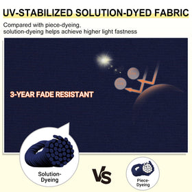 Downluxe navy cushions on a patio chair demonstrate comfortable high-density foam support.