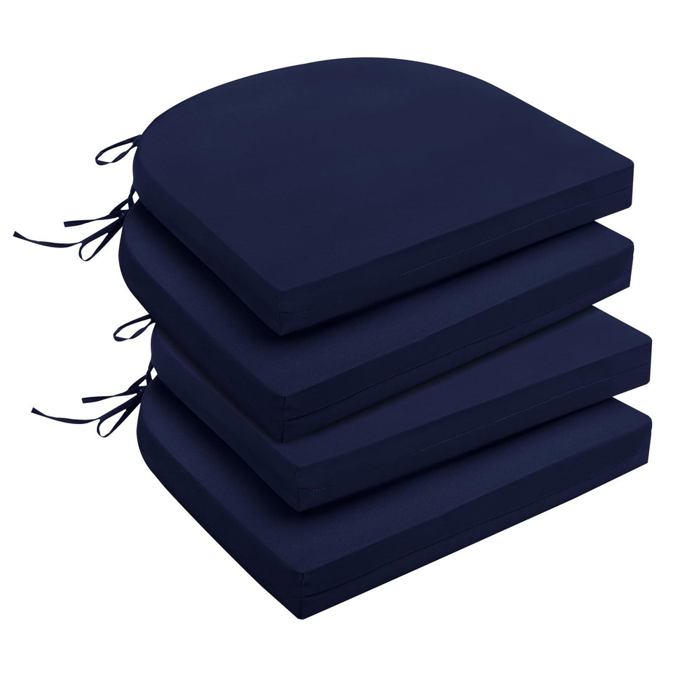 Downluxe navy outdoor chair cushions, top view for four cushions in a patio setup.