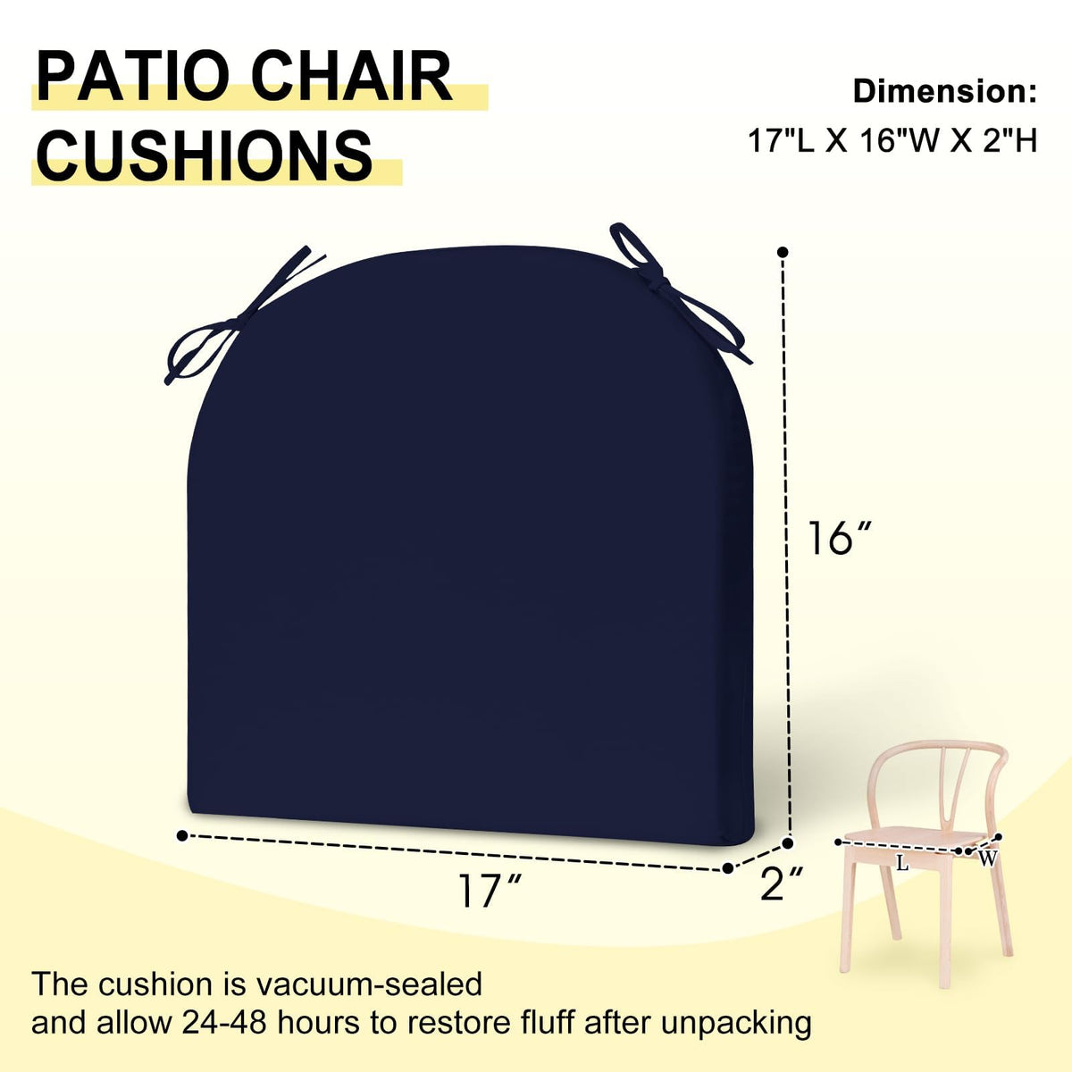 Spot-cleanable navy cushions suitable for patio use