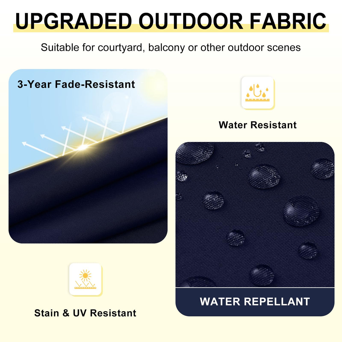 Side straps on navy cushions secure them on chairs