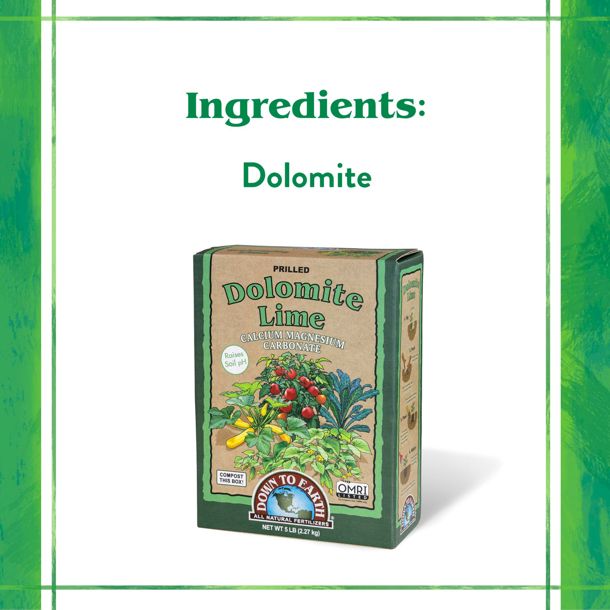 Down To Earth lime granules enriching soil calcium and magnesium for robust cell walls.