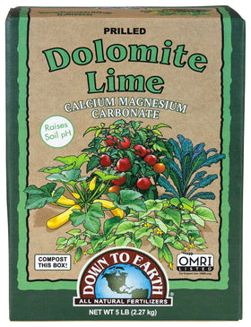 Down To Earth dolomite lime prilled granules ready to raise soil pH in vegetable beds.