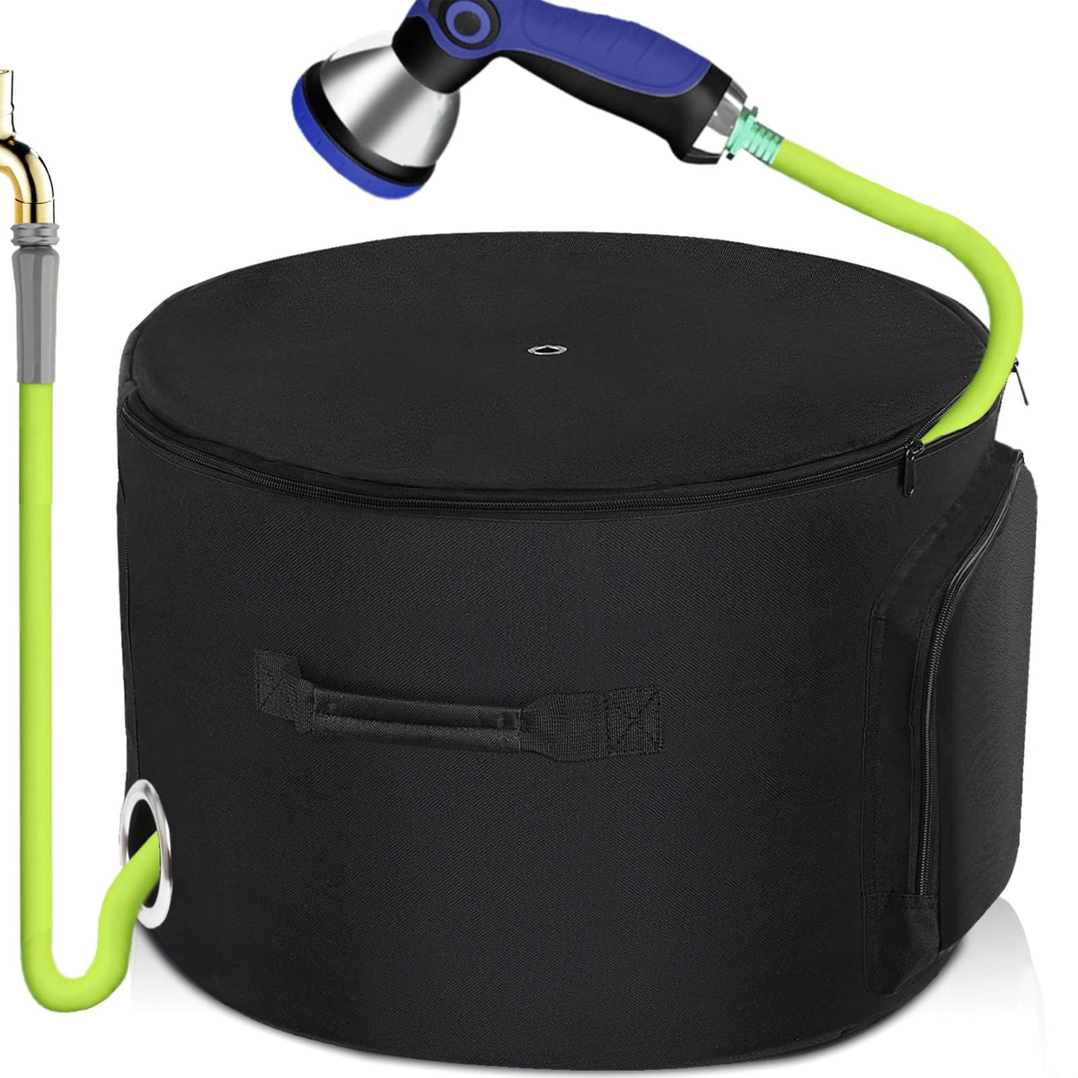 DoYiTiJQJ garden hose holder bag neatly stores the hose for a tidy patio.