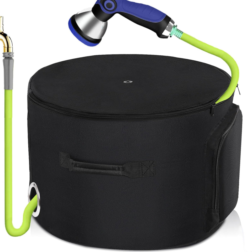 DoYiTiJQJ garden hose holder bag neatly stores the hose for a tidy patio.