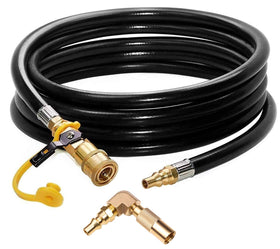 DOZYANT 12ft RV propane hose connected to Blackstone grill for outdoor cooking setup