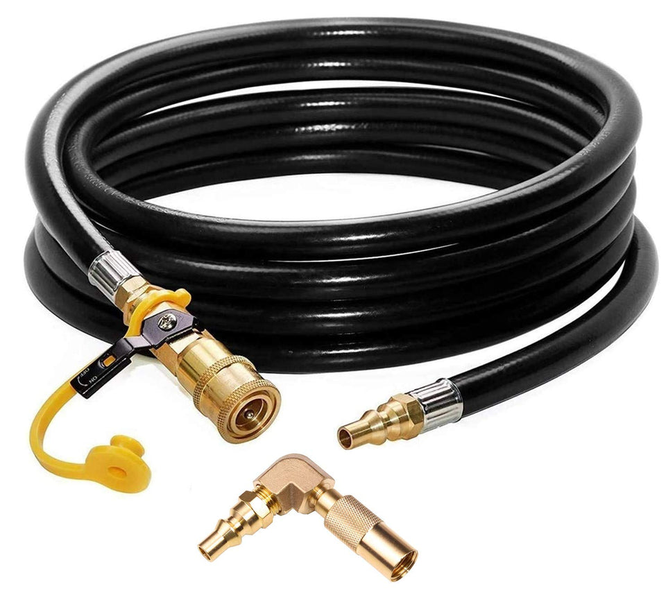 DOZYANT 12ft RV propane hose connected to Blackstone grill for outdoor cooking setup