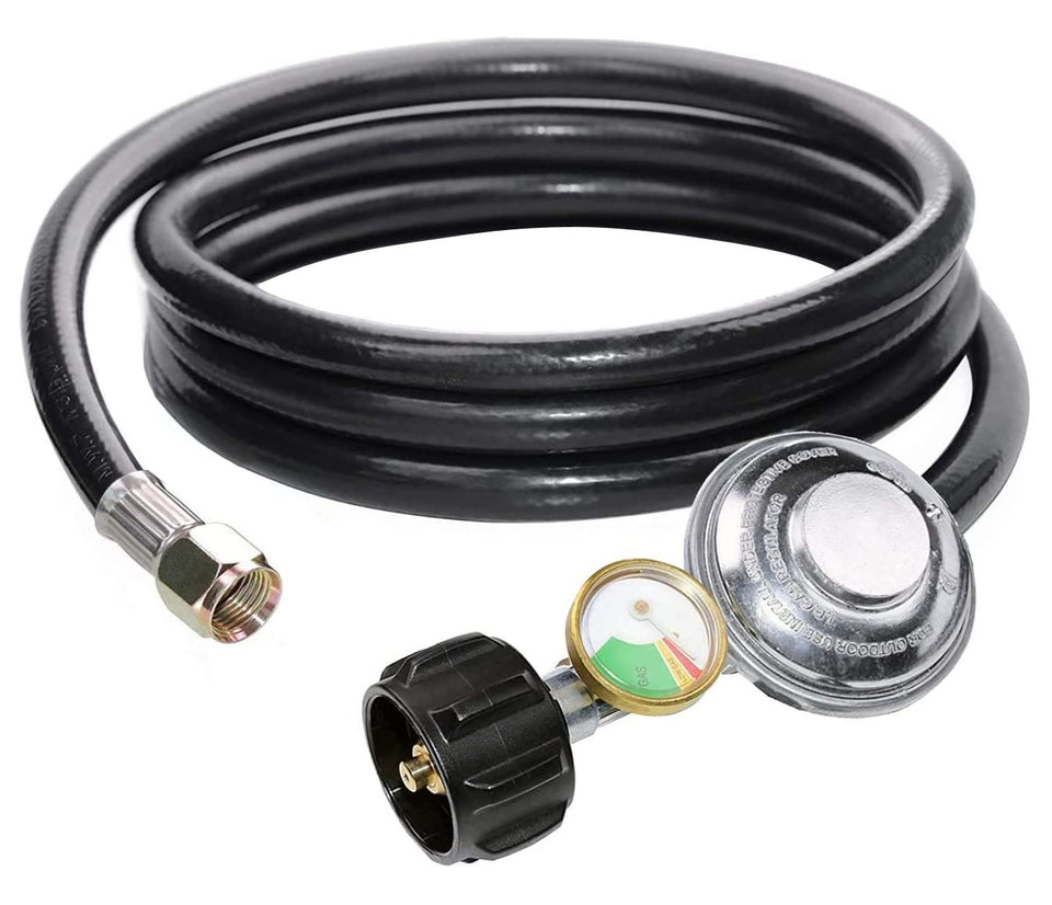 Dozyant propane regulator hose with gauge for safe grilling setups.