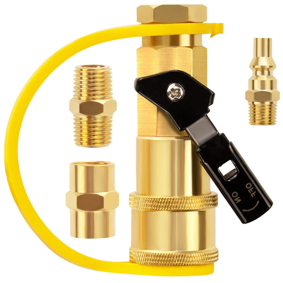 DOZYANT quarterinch rv propane quick connect adapter enables simple outdoor gas hookup.