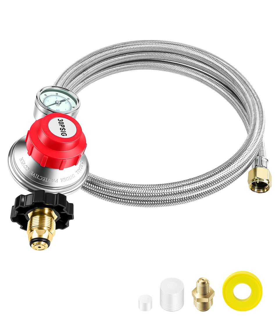 DPB 6ft propane regulator hose with gauge enables precise flame control during grilling.