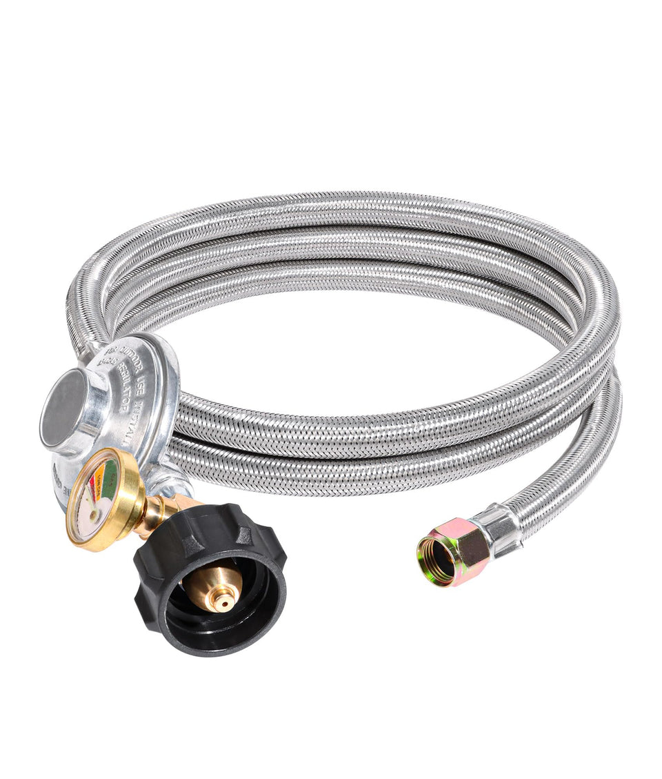 DPB 6ft propane regulator hose with stainless braided sleeve for durable outdoor grilling.