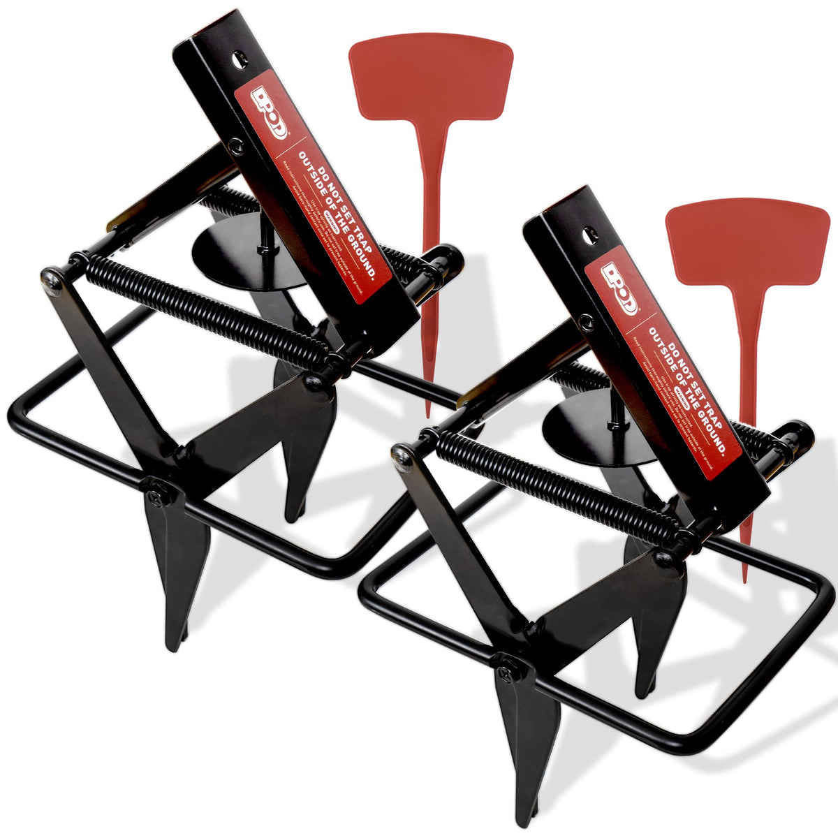 DPOD mole traps 2-pack front view in black coating, built for durable outdoor use.