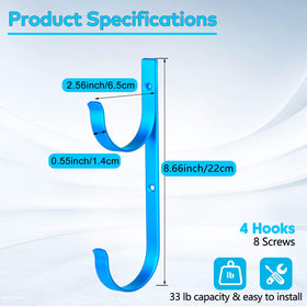 Dpyrrhic blue aluminum pool hooks securely hold rakes and nets.