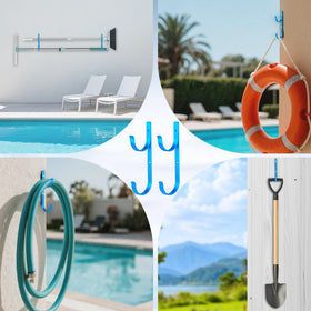 Dpyrrhic blue pool hooks in use for tidy poolside storage.