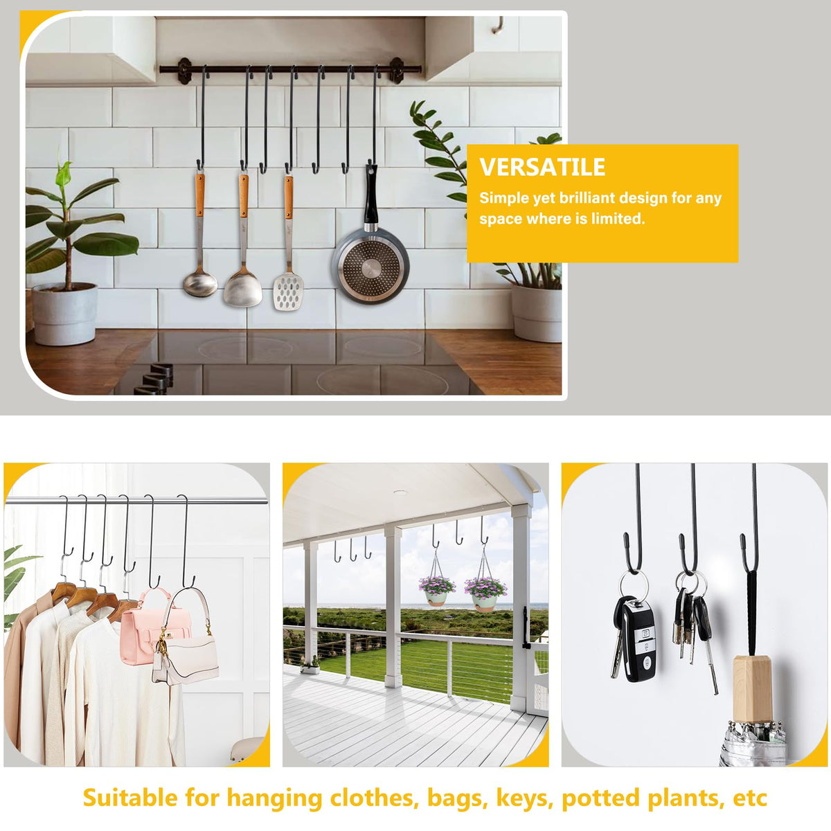 Dpyrrhic hanging hooks save space in kitchen or workshop.