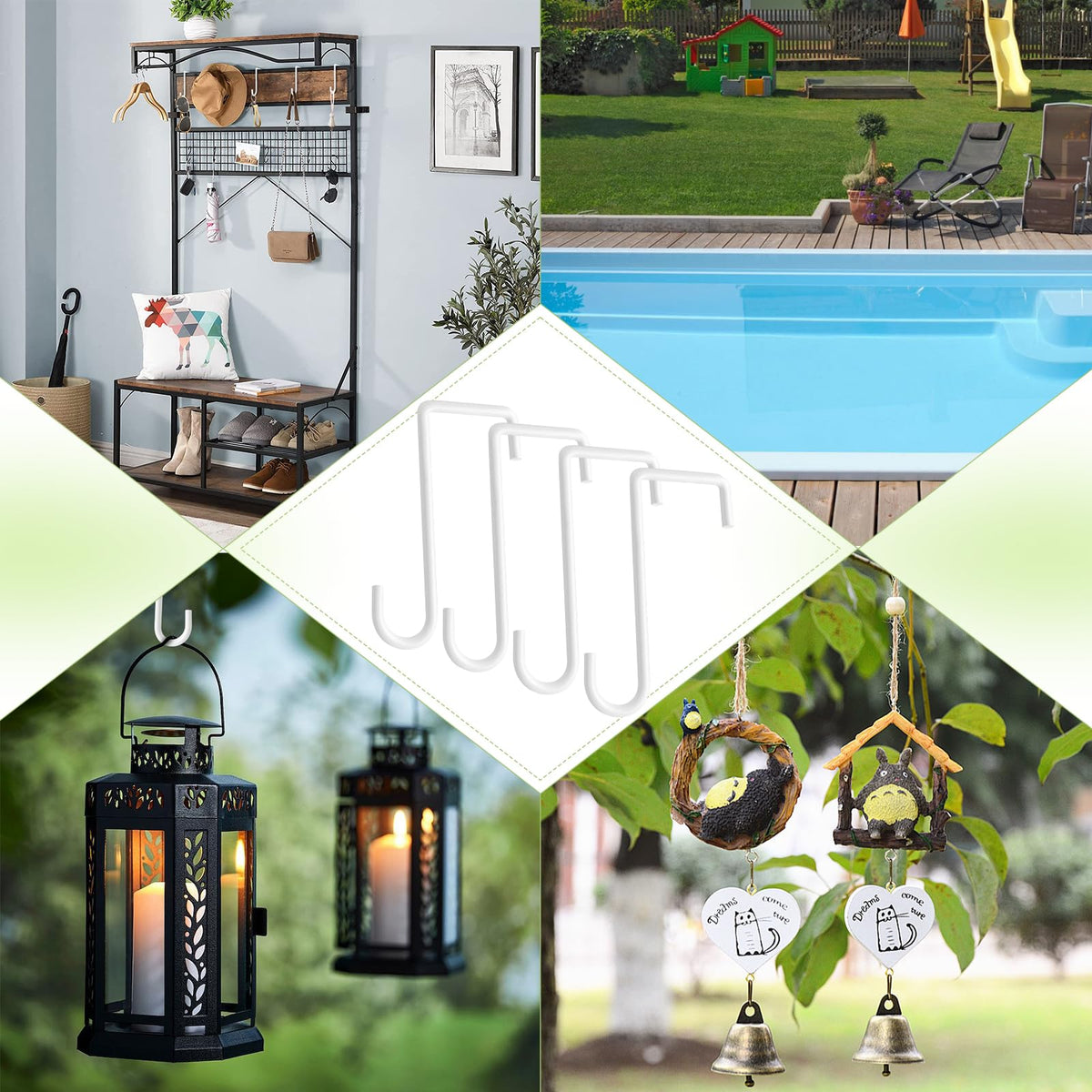 Dpyrrhic white plant hangers complement patios with a neat, clean look.