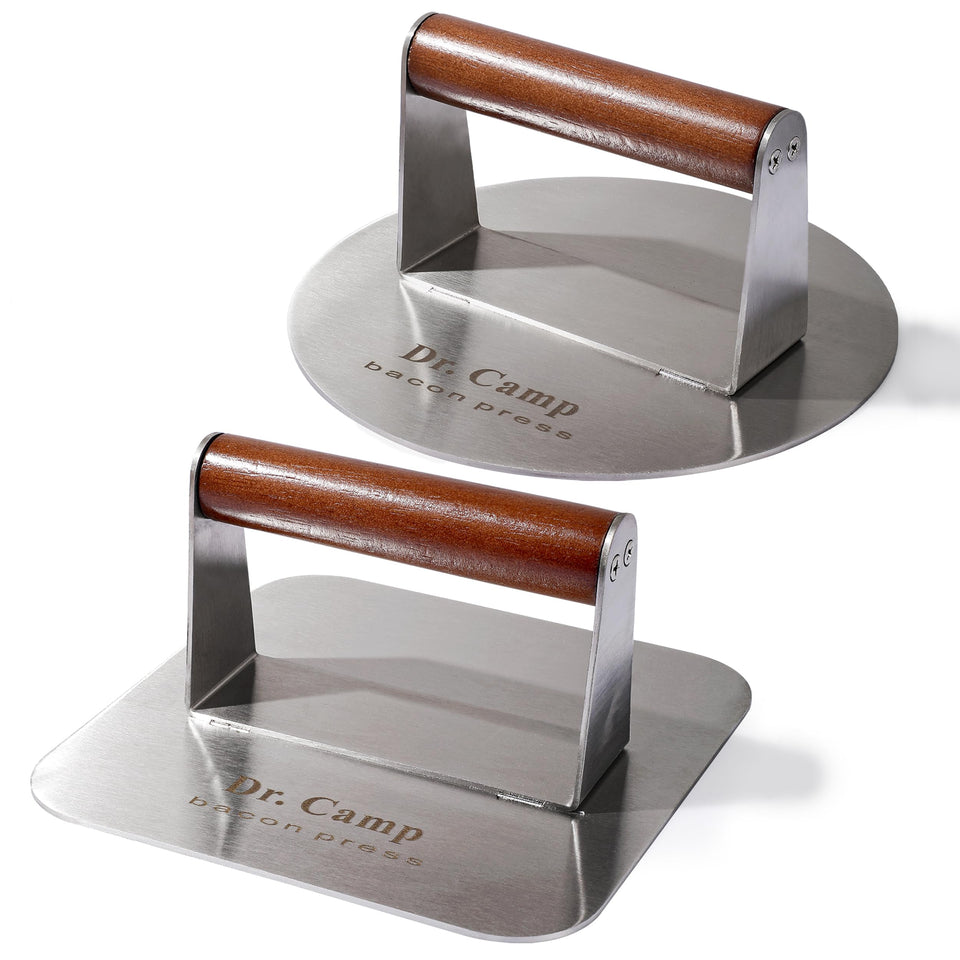 Dr.Camp 2-pack burger press with real wood handle for even patties on the grill