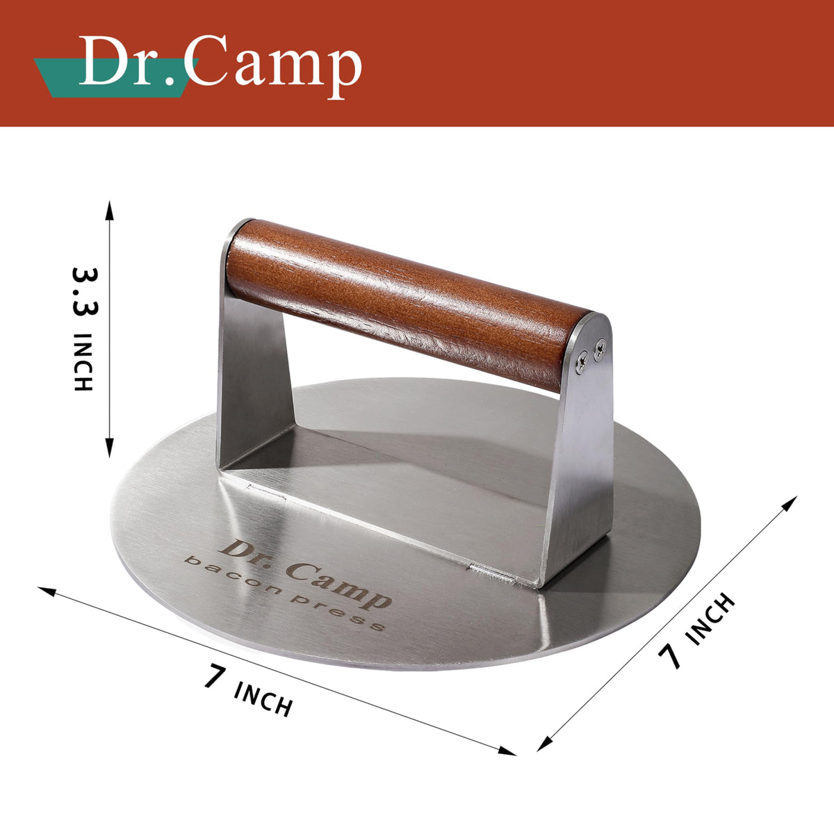 Dr.Camp 7-inch base burger press covering full surface for even cooking.