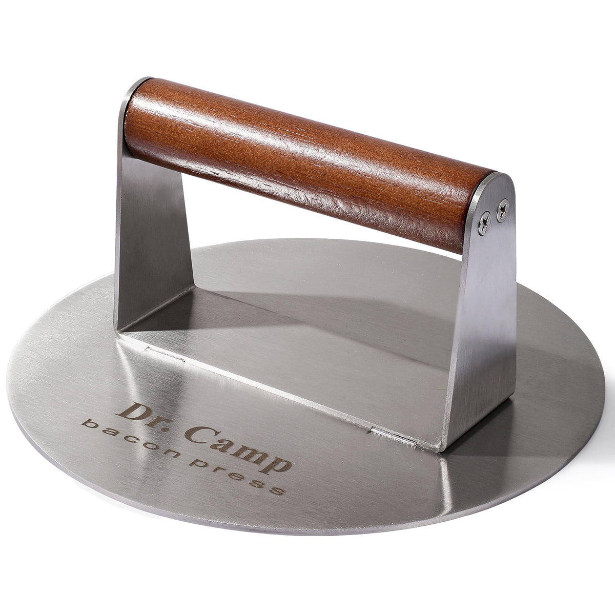 Dr.Camp 7-inch stainless steel smash burger press top view for even searing.