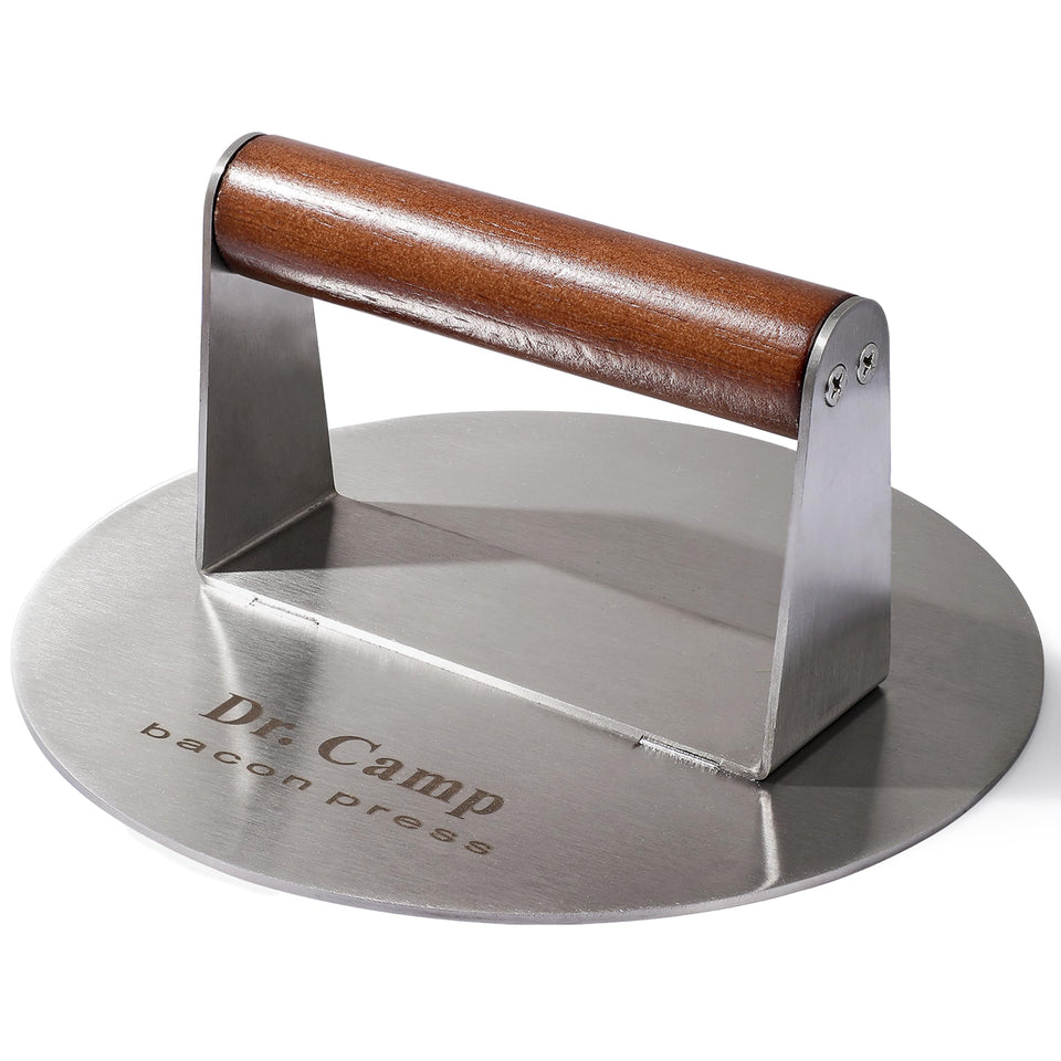 Dr.Camp 7-inch stainless steel smash burger press top view for even searing.