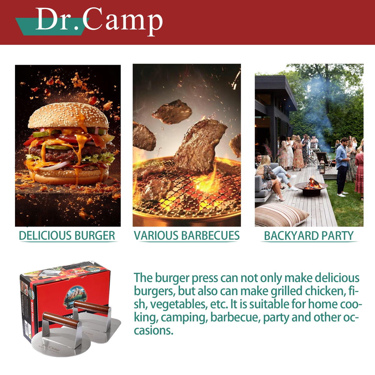 Dr.Camp burger press ideal for BBQ grill and outdoor cooking