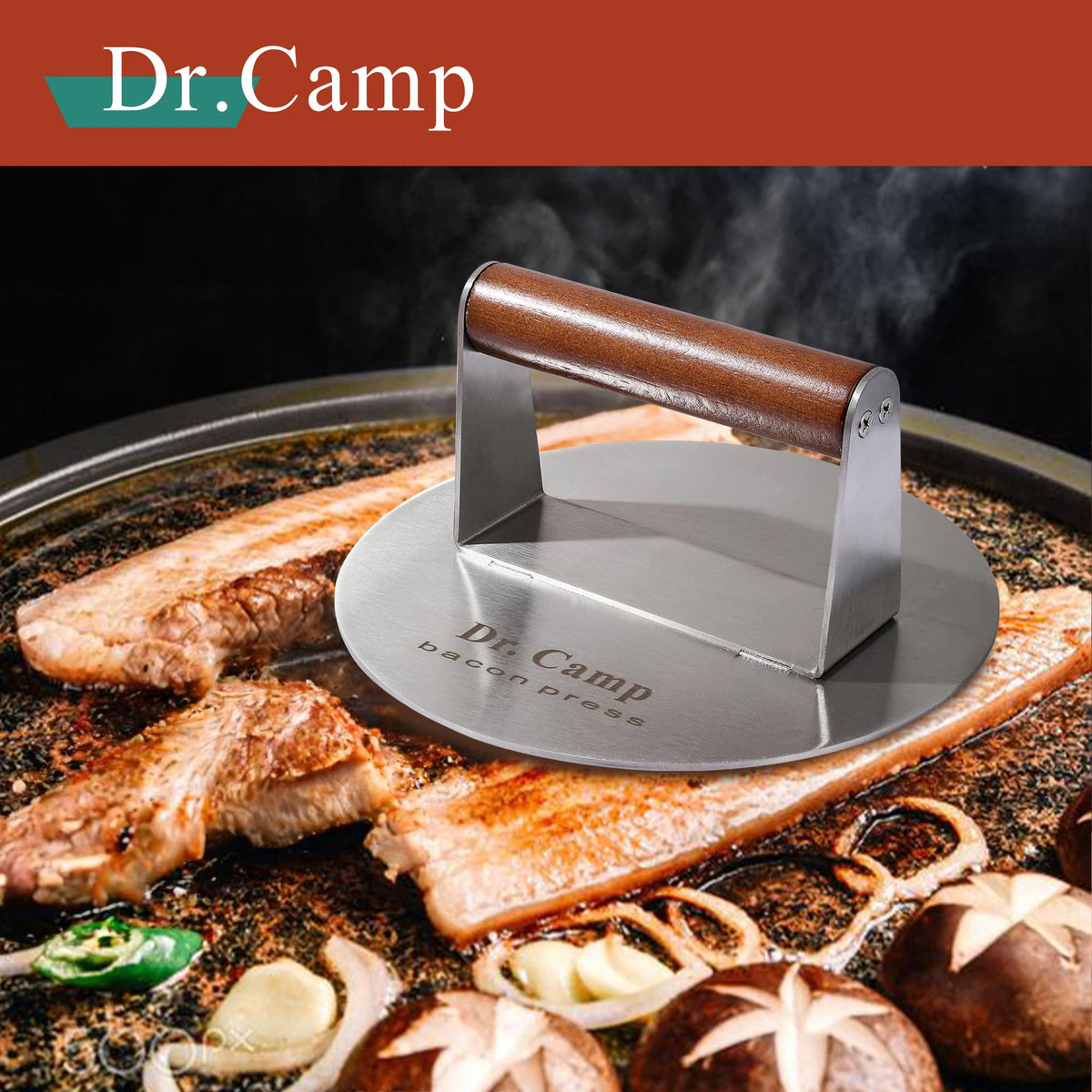 Dr.Camp smooth bottom design burger press bottom view for easy release.
