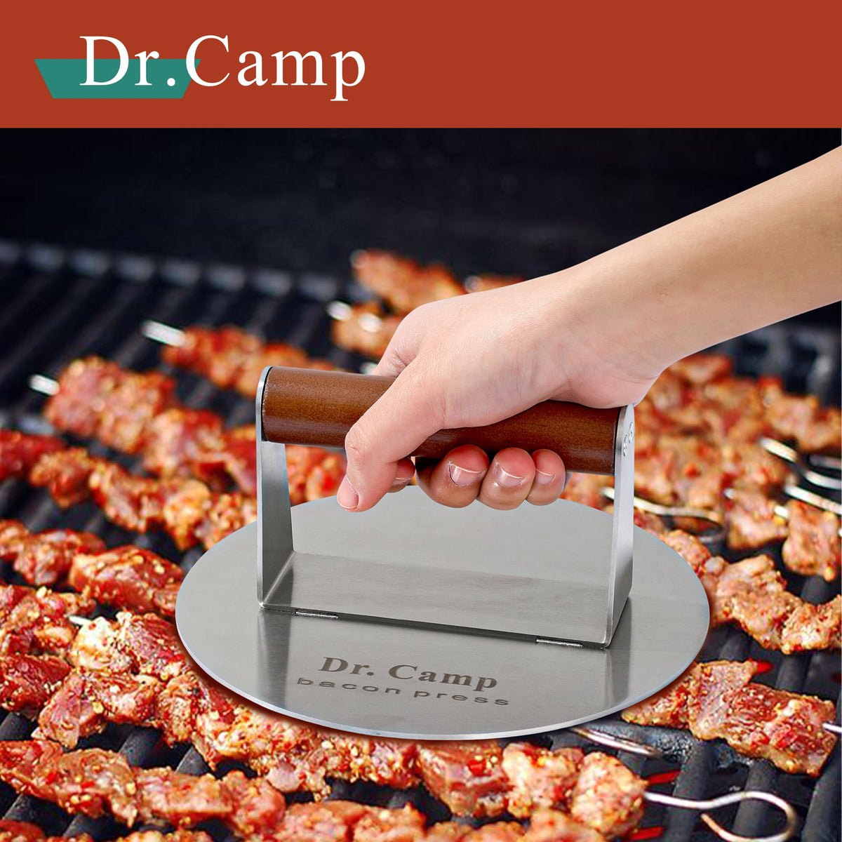 Dr.Camp solid wood handle burger press grip for cool, comfortable pressing.