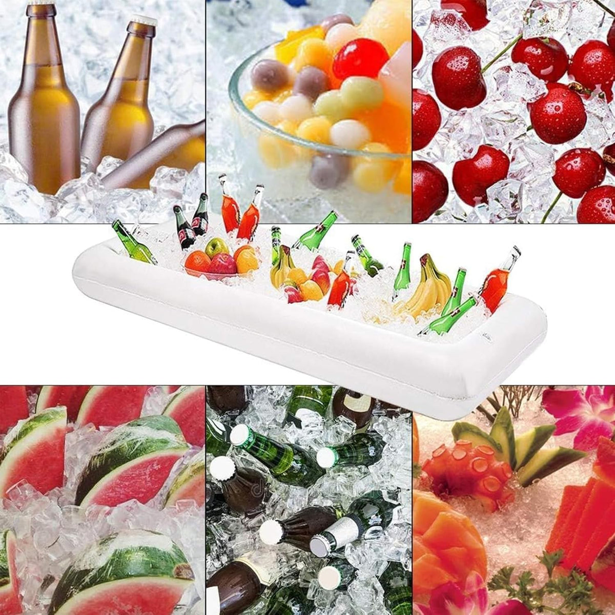 DR.DUDU inflatable serving bar by poolside for pool party refreshments.