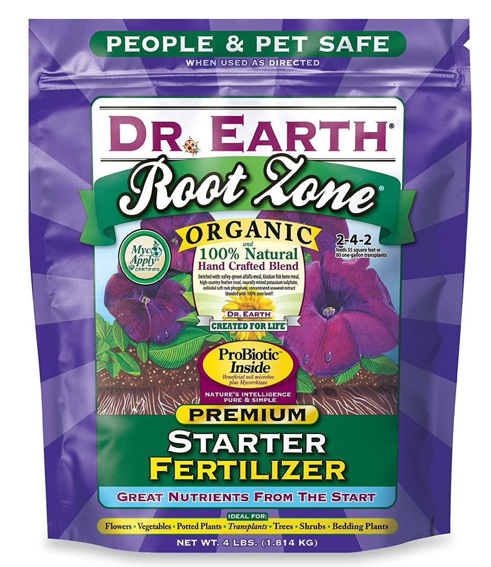 Dr Earth 701P root zone starter being applied to soil for strong transplants