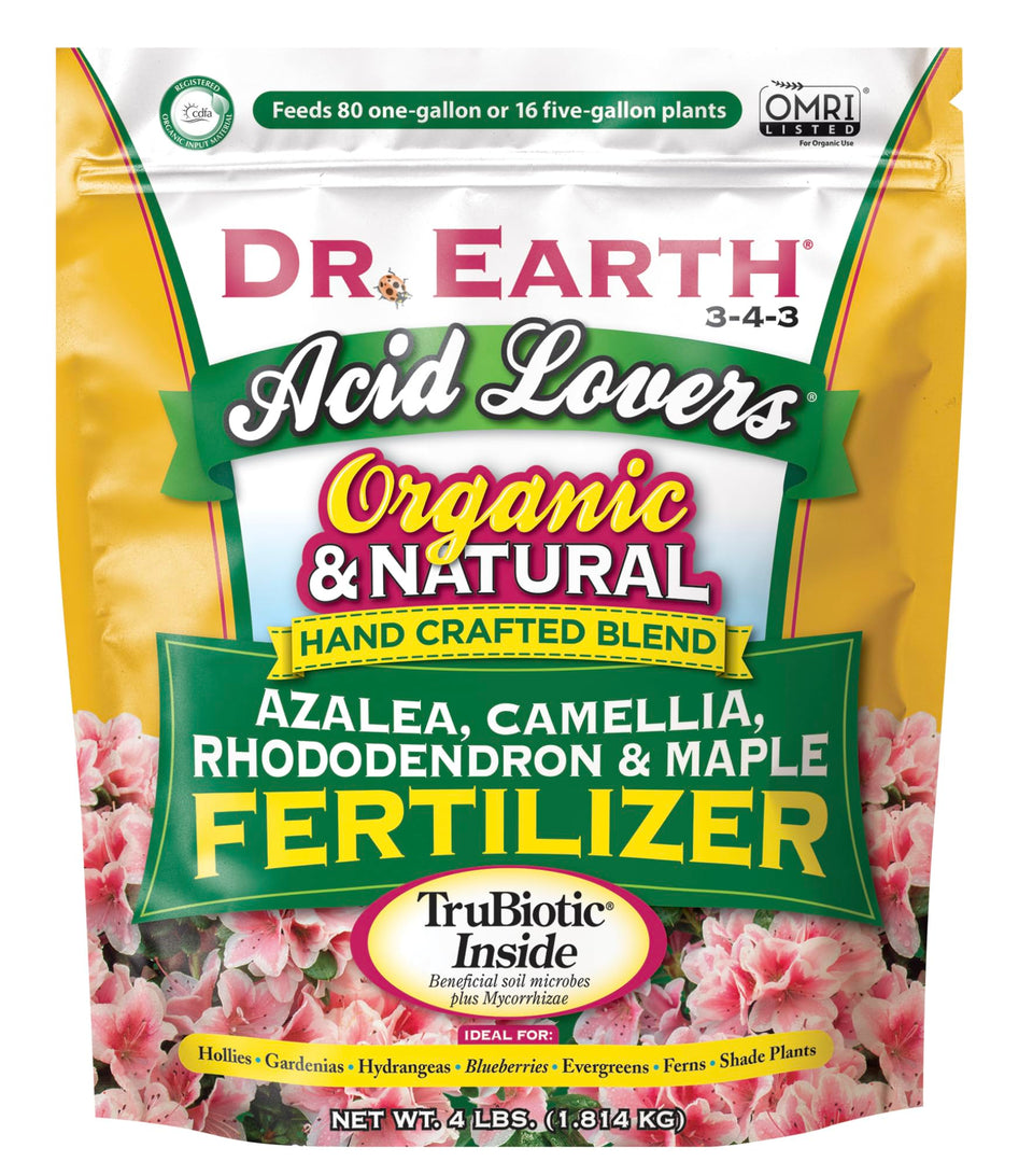 DR EARTH 703P organic acid fertilizer for azaleas, camellias, and rhododendrons promotes healthy blooms.