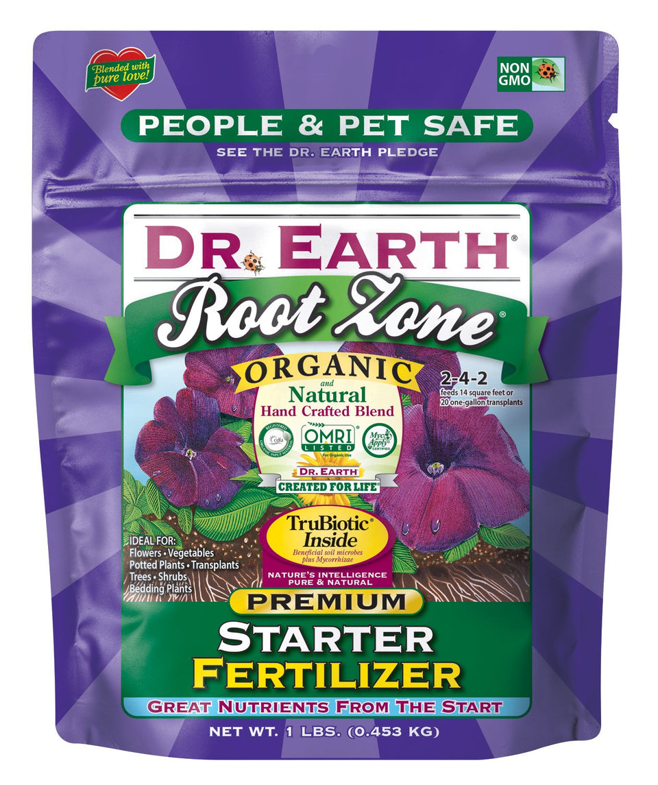 Dr. Earth Minis Root Zone Starter Fertilizer bottle supports early growth with balanced 2-4-2 formula.