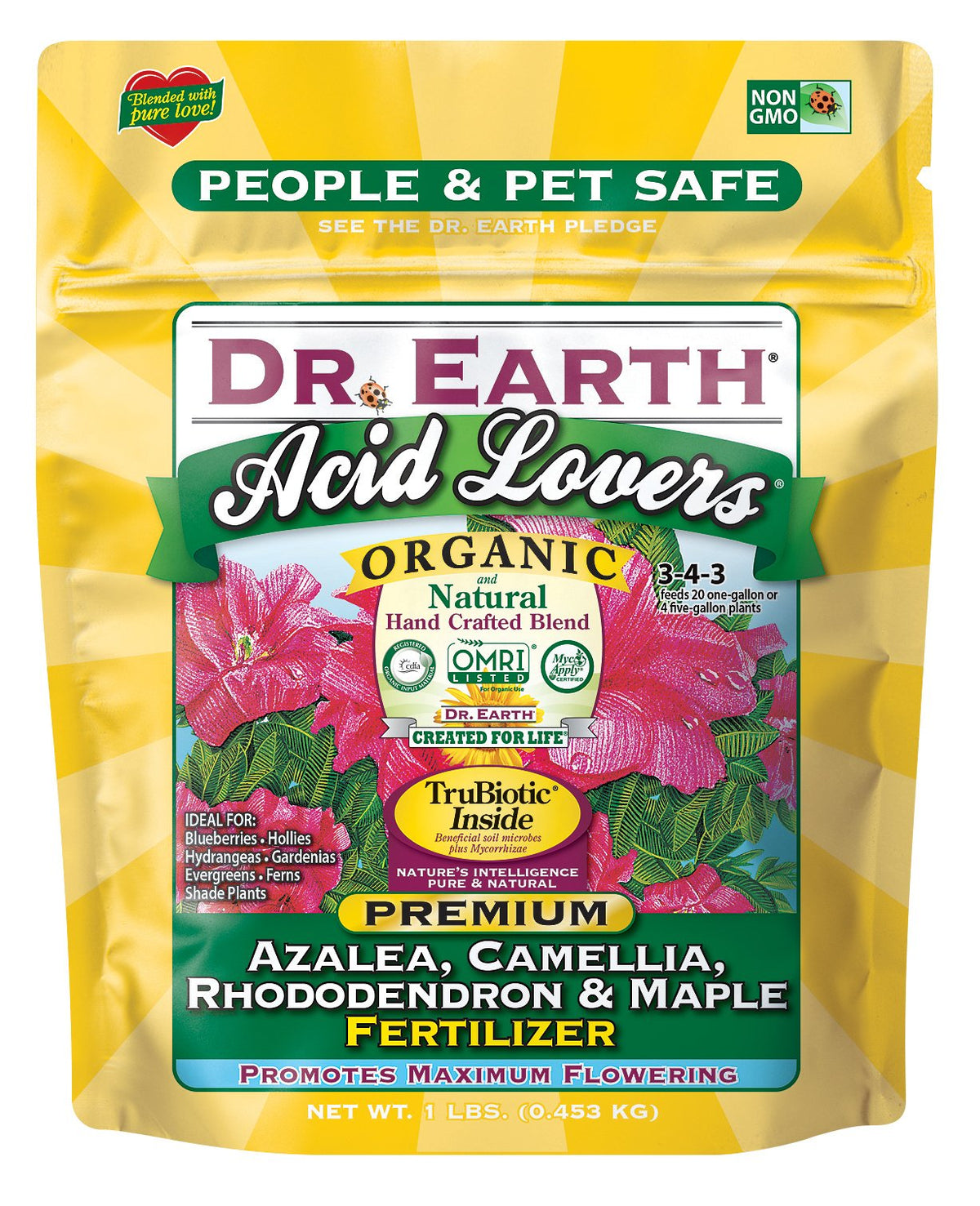 Dr. Earth Acid Lover mini bottle promotes healthy acid-loving plants and vibrant blooms.