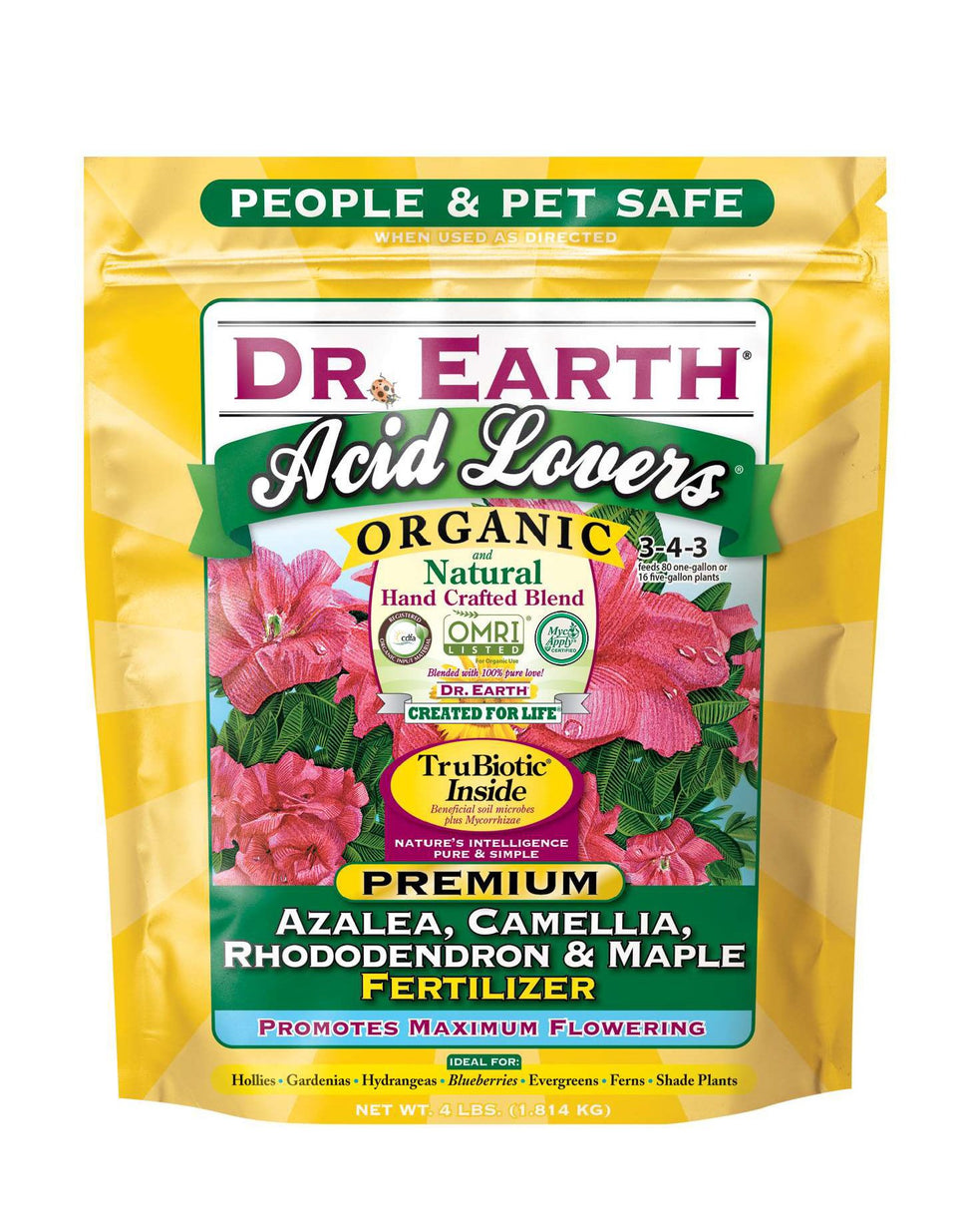 Dr. Earth Acid Lovers bottle with azaleas promotes soil health and vibrant blooms