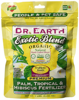 Dr. Earth Exotic Blend bottle for palms and hibiscus promotes vibrant growth